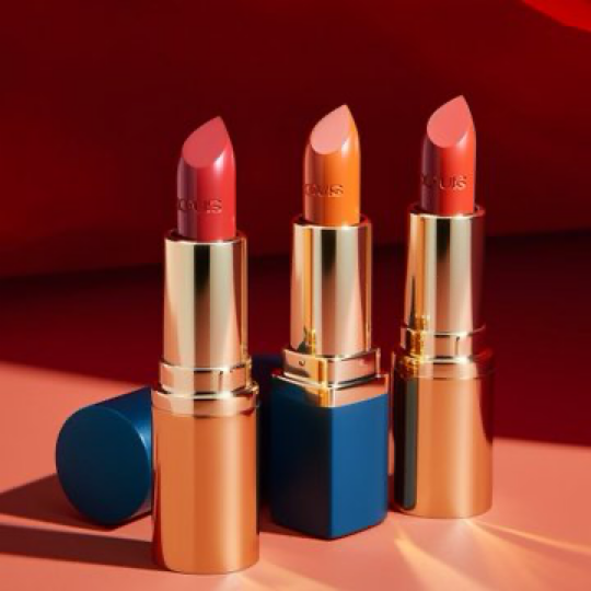 3 lipstick product photo on a orange background with three blue blocks, front facing, shot with kodak gold 200 3081681186...