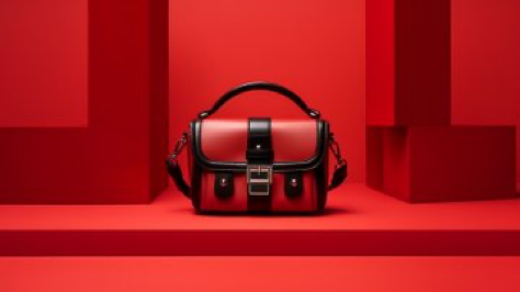 A hyper-realistic image of a designer handbag on a red background with three black blocks, front facing, shot with a...