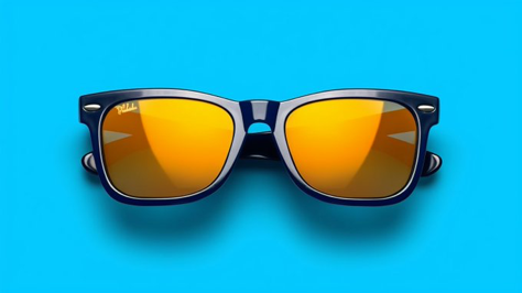 A hyper-realistic image of a pair of designer sunglasses on a blue background with three yellow blocks, front facing, shot...