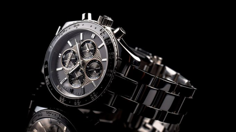 A hyper-realistic image of a luxury wristwatch on a black background with three white blocks, front facing, shot with a...