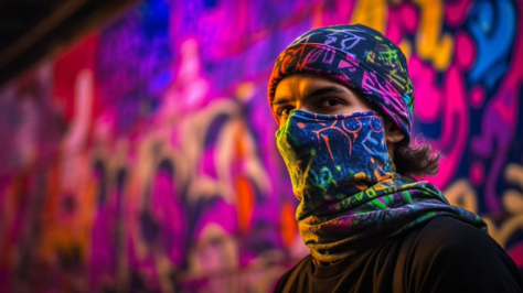 Rebellious, bold, urban, wide-angle shot of a defiant São Paulo street artist in bandana and paint-splattered attire against a vibrant...