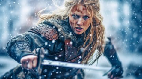 Action scene of a brave Viking warrior female holding a sword, fighting against an enemy clan on the snowing battlefield...