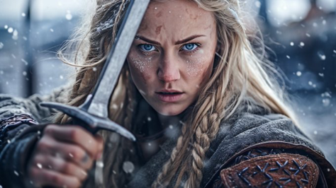 Action scene of a brave Viking warrior female holding a sword, fighting against an enemy clan on the snowing battlefield...
