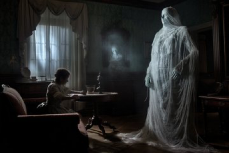In the depths of an ancient, haunted mansion, a paranormal investigator confronts a spectral apparition. Her face is a mixture...
