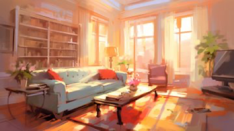 illustration of living room, in the style of speedpainting, natural lighting, sparse and simple, functional, eye-catching --ar 91:51 --v 5.1