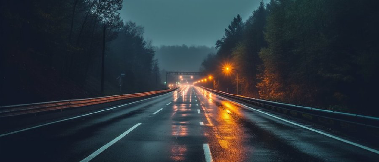 low angle photography of highway approaching the city, in the woods, dark green color palette, with the faint city lights...