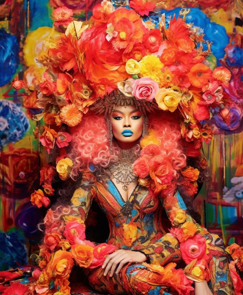 Conjure a wild photo shoot featuring a model displaying a diverse collection that channels the spirit of maximalism and chaos,...