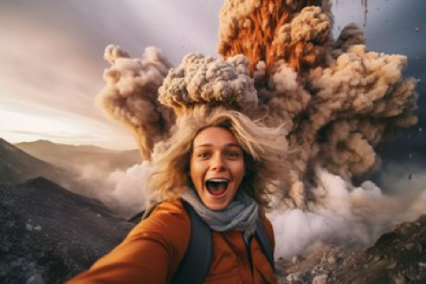 Prompt: &#039;&#039;A hyper - realistic GoPro selfie of a smiling glamorous Influencer with an erupting volcano, pyroclastic flow. Extreme environment....