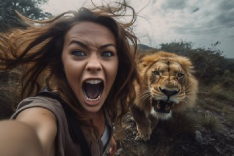 Prompt: &#039;&#039;A hyper - realistic GoPro selfie of a smiling glamorous Influencer with an angry approaching lion. Extreme environment. --ar...