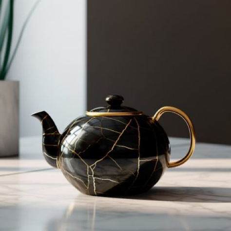 Subject: A traditional teapot made of black ceramic with kintsugi lines, displayed on top of a table made of white...