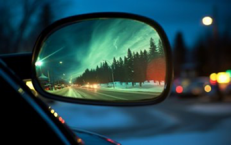 Ultra closeup shot of a rearview mirror, Captures the reflection of northern lights, perspective Photography, precise angle, sharp and detailed,...
