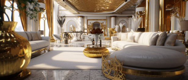 the living room has a gold sofa, large table and chairs, in the style of futuristic fantasy, unreal engine 5,...