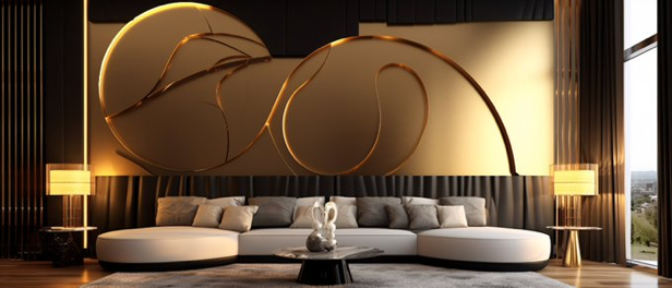 gold and white living room organic, backlit black square panels with golden rims on the wal, lin a royalcore theme...