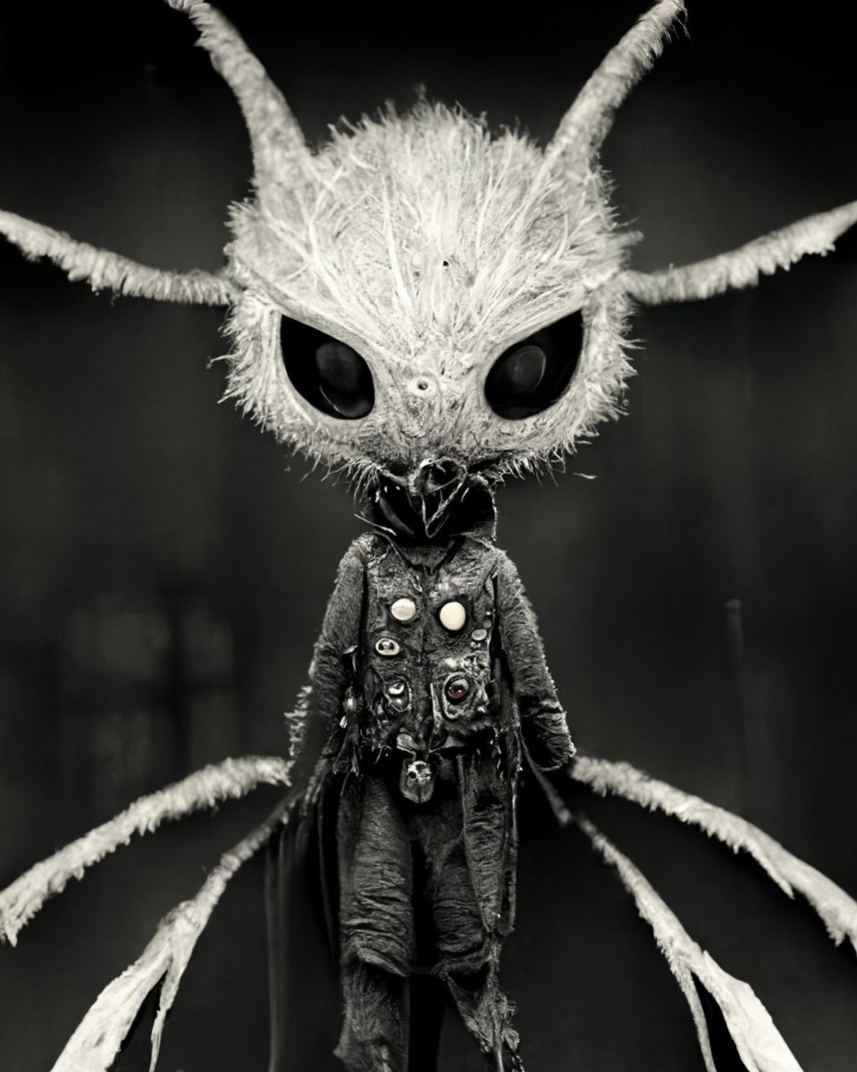 Aliencore horror business punk mothman on the catwalk, wearing doc Martin boots, prominent alien features, light effects, grayscale, highly detailed,...