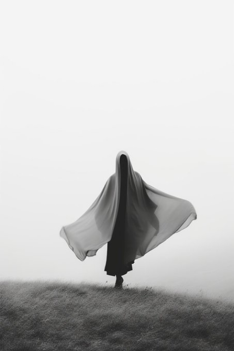 Flying Woman in hooded cape, in the style of minimalist black and white, documentary travel photography, soft, muted palette, serene...