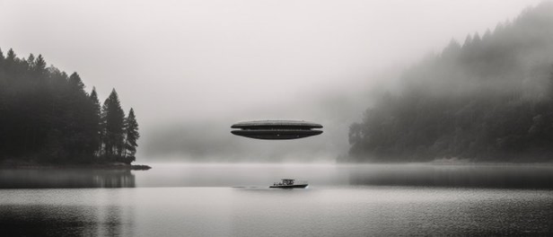 UFO hovering over lake, in the style of minimalist black and white, documentary travel photography, soft, muted palette, serene and...