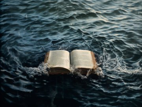 a book is open showing what looks like a large body of water, bold chiaroscuro contrast, repetitive rephotography, painterly lines,...
