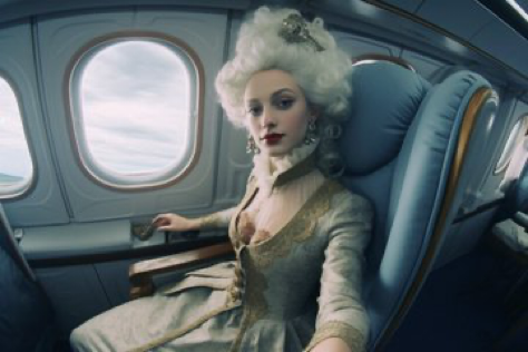 Prompt: &#039;&#039;A hyper - realistic GoPro selfie of Marie Antoinette in a modern airplane seat, contrast between modern and history....