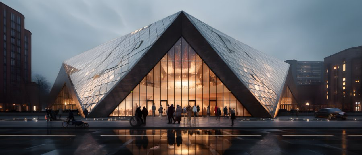 a building with a triangular shape and metal roof, in the style of geometric shapes &amp; patterns, zhichao cai, reflex...