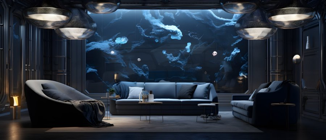 a living room inspired by the shape of an aquarium, in the style of solarization effect, infinity nets, dark gray...