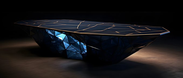 table inspired by the shape of an aquarium, in the style of solarization effect, infinity nets, dark gray and navy,...