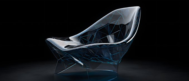 chair inspired by the shape of an aquarium, in the style of solarization effect, infinity nets, dark gray and navy,...