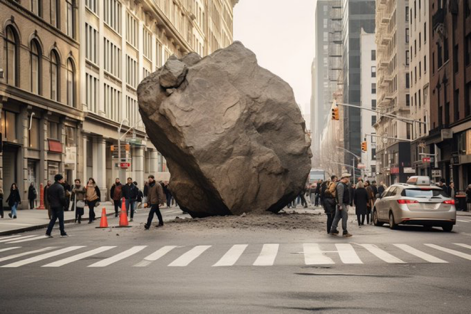 Prompt: &quot;A large rocky boulder blocking a busy street and traffic. New York. photograph --ar 3:2&quot;