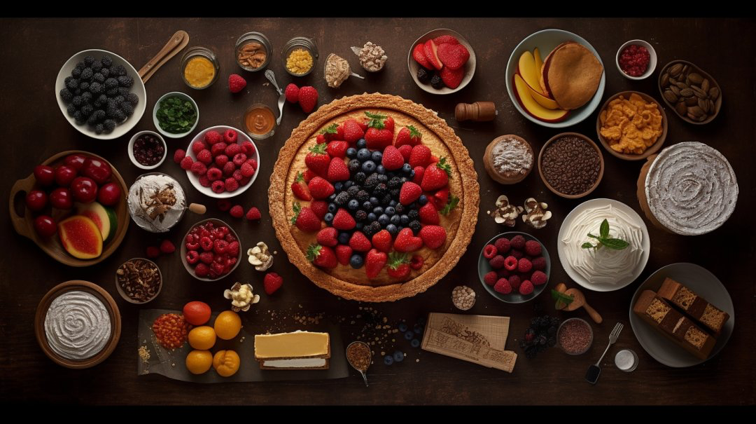 A knolling display of all components needed for a delicious layer cake, showcasing all ingredients needed, captured with a Fujifilm...