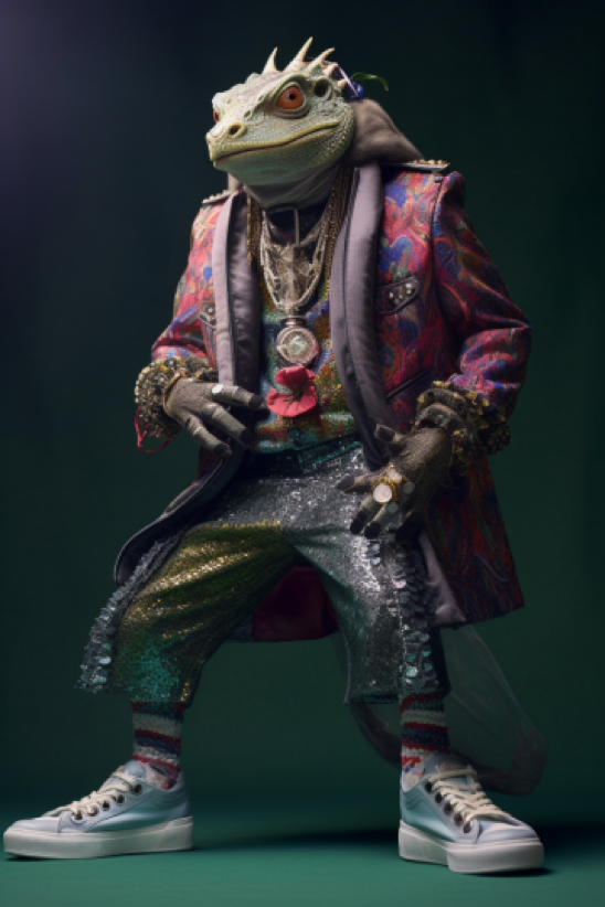 In the style of a fashion shoot, a photo of an anthropomorphic [iguana], wearing [large hiphop clothes from 1990s and...
