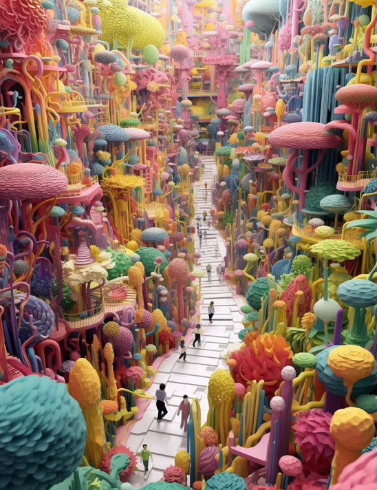 a gigantic space, the walls covered of 3D rendered plastic representation of doodles art in a 3D axonometric view --ar...