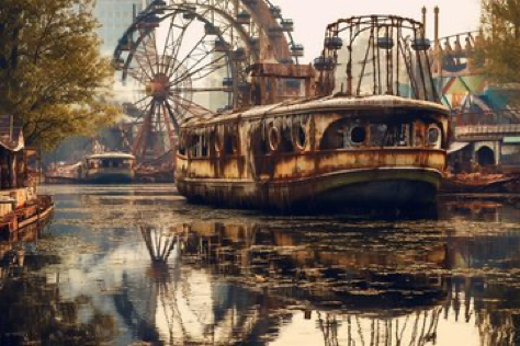 majestically cinematic close up professional photo quality shot of a post-apocalyptic rusting amusement park, The intense atmosphere is heightened by...