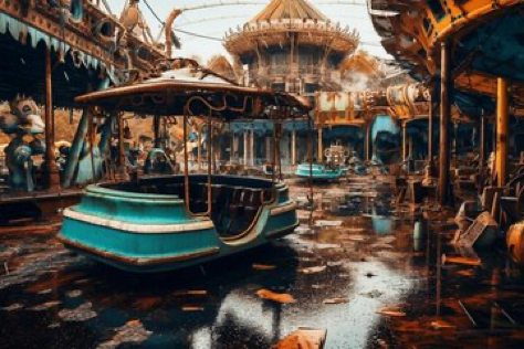 majestically cinematic close up professional photo quality shot of a post-apocalyptic rusting amusement park, The intense atmosphere is heightened by...