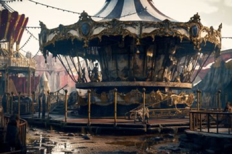 majestically cinematic close up professional photo quality shot of apost-apocalyptic rusting amusement park, extremely detailed magazine quality photograph, cinematic lighting,...