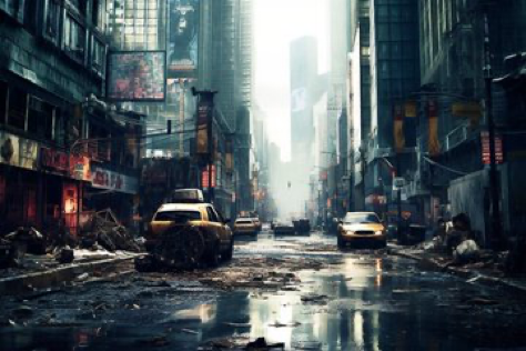 A majestically cinematic, professional photo-quality shot of a dystopian cityscape, once a bustling metropolis, now a ghost town. The intense...