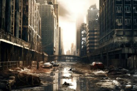A majestically cinematic, professional photo-quality shot of a dystopian cityscape, once a bustling metropolis, now a ghost town. The intense...