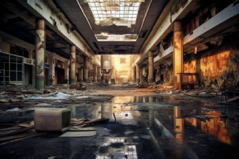 A majestically cinematic, professional photo-quality shot of a dystopian mall, once a bustling shopping mall, now deserted. The intense atmosphere...
