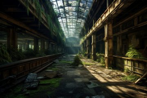 A majestically cinematic, professional photo-quality shot of a dystopian zoo, once a bustling tourist attraction, now deserted. The intense atmosphere...