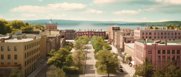 the city Ithaca imagined as a wes Anderson movie, cinematic shot --ar 21:9 --style raw