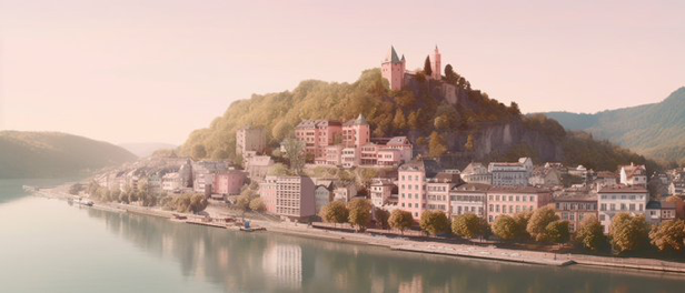 the city bingen imagined as a wes Anderson movie, cinematic shot --ar 21:9 --style raw