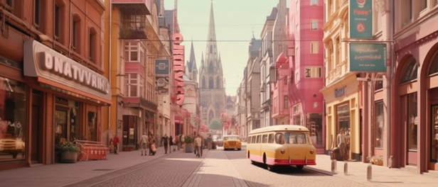 the city cologne imagined as a wes Anderson movie, cinematic shot --ar 21:9 --style raw
