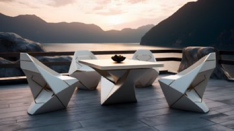 a modern table and chairs on a deck by the water, in the style of geometric minimalist sculptures, futuristic sleekness,...