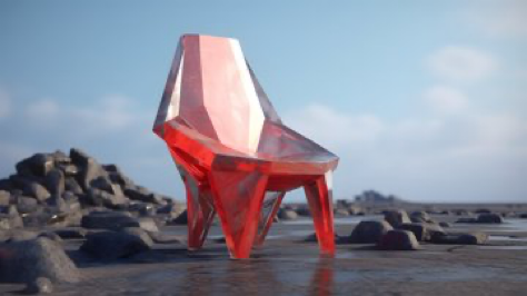 rubi chairmade out of metal and has a geometric shape, opaque resin panels, solarpunk, chalky, furaffinity --ar 16:9