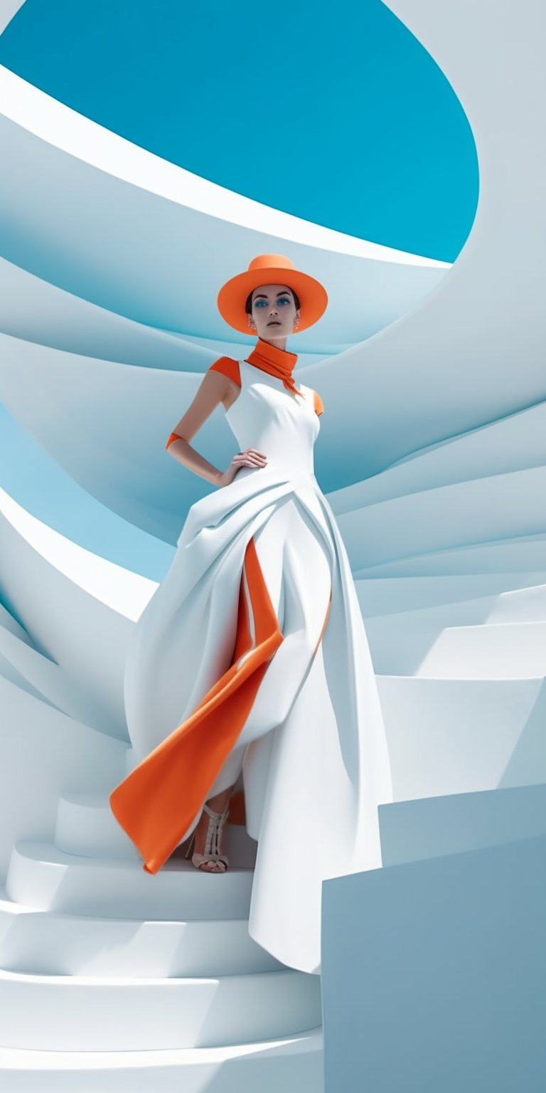 JamesKody made an All white haute couture fashion against an epic landscape of surreal objects with bold, sweeping, curving lines...