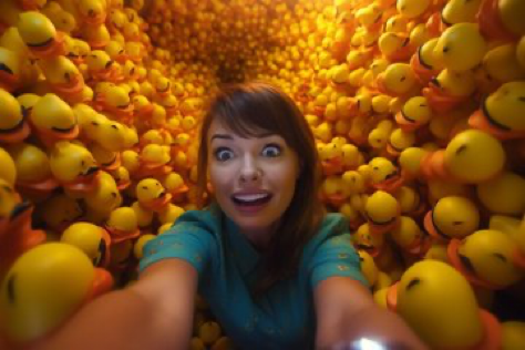 a selfie photo of a person in a room jam packed with rubber ducks, photorealistic, taken with a Go-Pro, cinematic...