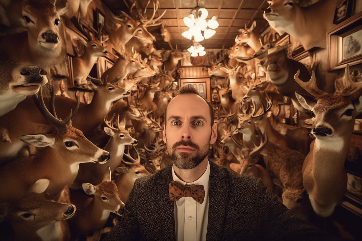 a selfie photo of a person in a room jam packed with deer heads, photorealistic, taken with a Go-Pro, cinematic...