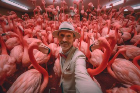 a selfie photo of a person in a room jam packed with flamingo birds, photorealistic, taken with a Go-Pro, cinematic...