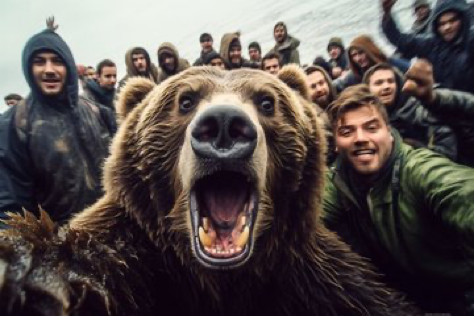 A hyper - realistic GoPro selfie of a [Grizzly Bear] [in a crowd]. --ar 3:2