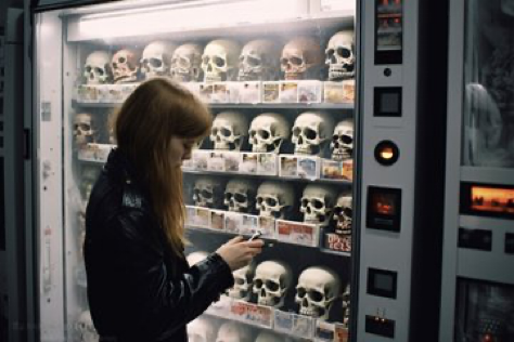 Woman operating enormous skull vending machine, closeup photograph --ar 3:2