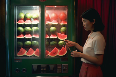 Woman operating watermelon vending machine, Restaurant, closeup photograph --ar 3:2
