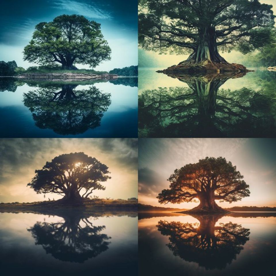 reflective nature portrait of huge tree and lake. tree reflecting on water.